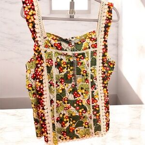 Daniel Rainn Red and Green Floral Blouse with Lace Trim